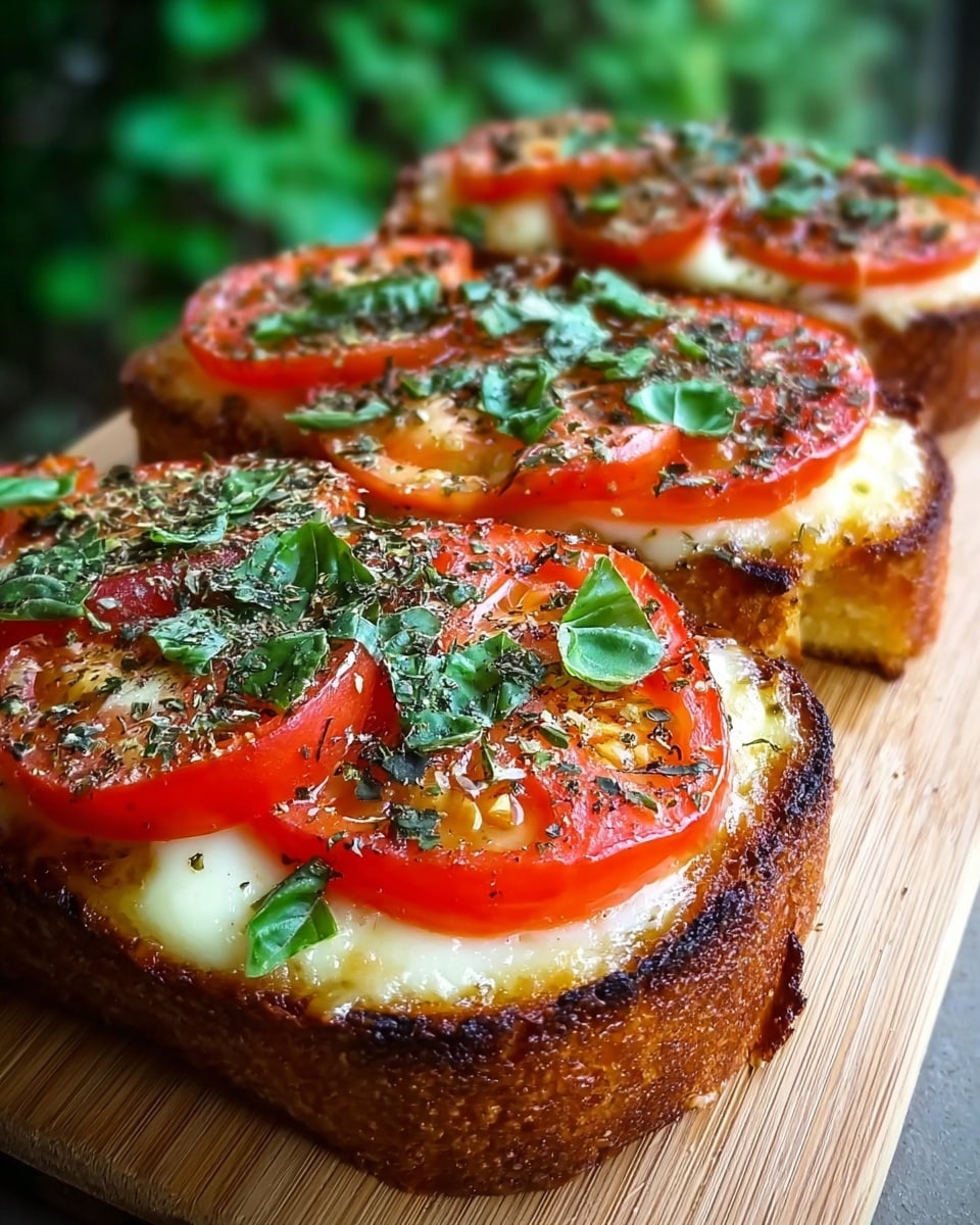 The image shows three open-faced sandwiches on a white marbled surface, each with a thick slice of toasted bread as the base, golden brown with a crispy edge. The first layer on the bread is melted white cheese, smooth and slightly bubbling. On top of the cheese are two round slices of red tomato, brightly colored and juicy. These tomato slices are sprinkled with black pepper and dried green herbs. Fresh green basil leaves are scattered over the tomato, adding a pop of green and a fresh texture. The close-up angle highlights the textures and layers clearly. Photo taken with an iphone --ar 4:5 --v 7