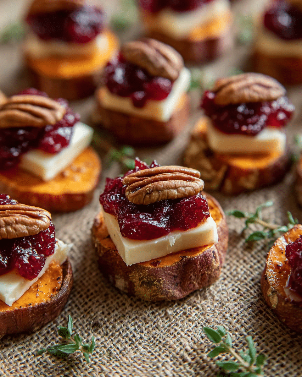 The image shows several small round pieces of roasted sweet potato as the base layer, with a soft, slightly textured orange surface and brown skin edges. On top of each sweet potato piece is a small square slice of light cream-colored cheese. Above the cheese, there is a dollop of bright red cranberry sauce, which looks thick and chunky. The final layer is a single brown pecan pinned on top of the cranberry sauce, giving a shiny, smooth texture. The snacks are placed on a rough, brown fabric surface with tiny green sprigs scattered around. Photo taken with an iphone --ar 4:5 --v 7