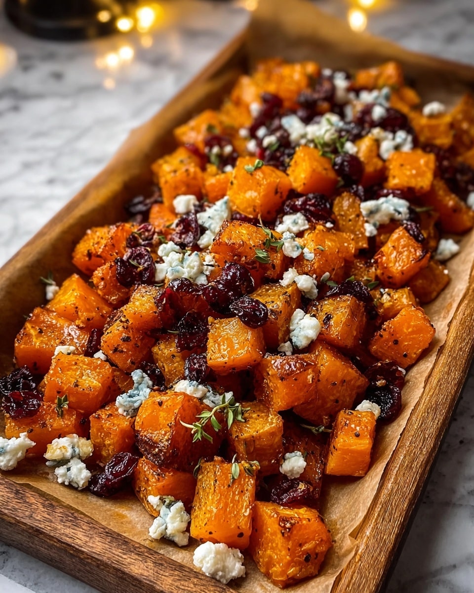 A dish of roasted orange butternut squash cut into medium cubes fills a lined wooden tray, mixed with dark red dried cranberries scattered evenly throughout. On top, small crumbles of white and blue-veined cheese add a creamy texture, with tiny green thyme leaves sprinkled across for color contrast. The squash pieces have a light glisten from roasting, showing a slight char and pepper flakes visible on their surfaces. The overall look is warm and inviting with a mix of bright orange, deep red, white, and green details. The tray is set on a white marbled surface. photo taken with an iphone --ar 4:5 --v 7