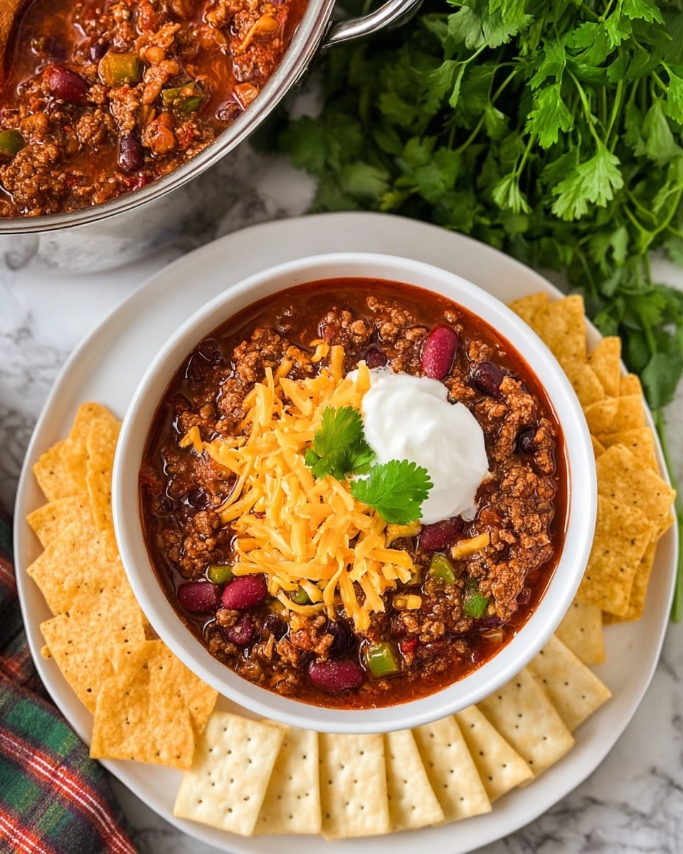 A white bowl filled with thick, chunky chili made of ground beef, kidney beans, and diced vegetables in a rich reddish-brown sauce. The chili is topped with bright yellow shredded cheddar cheese, a dollop of white sour cream with green sliced scallions, and three square beige saltine crackers sticking out along one side. The bowl is placed on a white plate scattered with more saltine crackers. In the background, there is a white bowl filled with more shredded cheddar cheese and a dark pot with more chili visible on a wooden surface replaced with a white marbled texture. A white spoon rests inside the chili bowl. Photo taken with an iphone --ar 4:5 --v 7