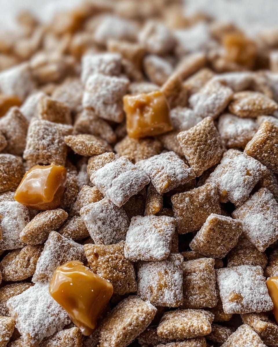 The image shows a close-up of many small, square cereal pieces coated with a white powdered layer. Inside each piece, there is a visible caramel-colored filling that contrasts with the light outer coating. The cereal pieces have a rough textured surface and are piled together, filling the frame. The background presents a soft focus of more similar cereal pieces, creating a sense of depth. Photo taken with an iphone --ar 4:5 --v 7