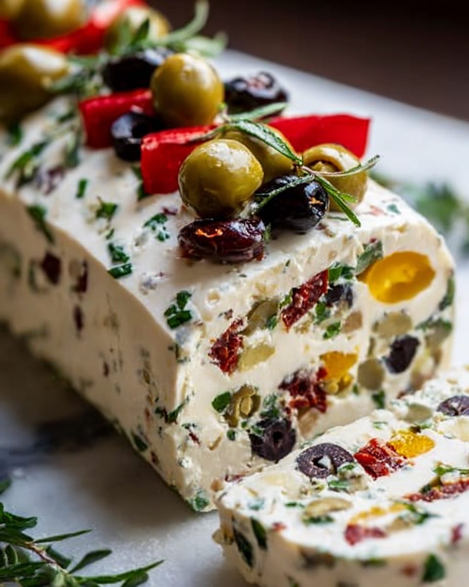 The image shows a thick roll of soft white cheese mixed with pieces of green and black olives and small bits of red and yellow peppers inside. On top of the roll, there are whole green and black olives and larger pieces of red and yellow pepper, sprinkled with chopped green herbs. The cheese looks smooth and creamy, with colorful bits inside and on the surface. The roll is placed on a white marbled surface with some green herbs around it. photo taken with an iphone --ar 4:5 --v 7