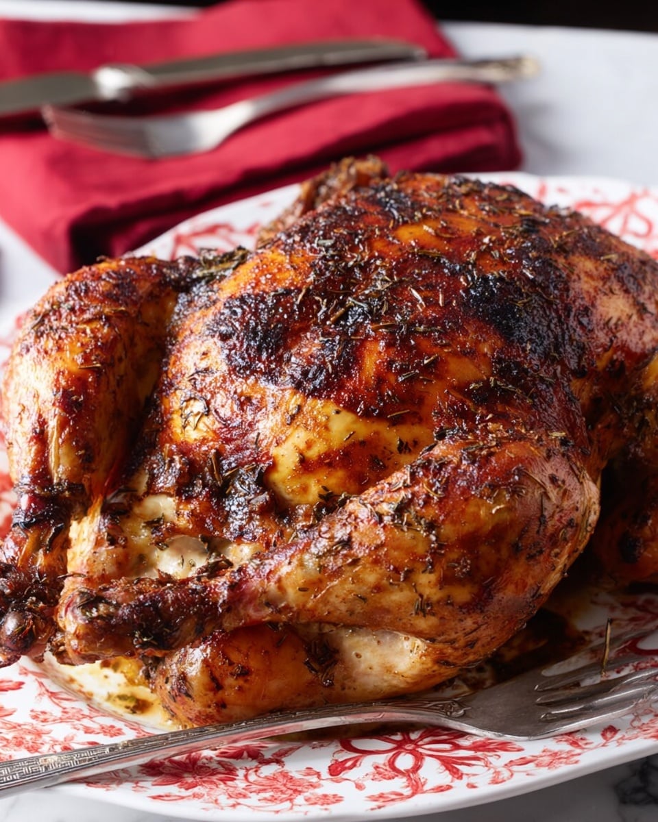 A whole roasted turkey with a dark, crispy skin covered in herb and maple seasoning rests on a white plate with scalloped edges, which holds a red decorative plate with white floral patterns underneath the turkey. The turkey is centered in the image, showing a well-cooked, slightly charred, caramelized texture on the surface. Two silver carving utensils, a knife and fork with ornate handles, lie beside the turkey on the same plate. The setting includes a white marbled surface beneath the plates, adding a clean and elegant background. photo taken with an iphone --ar 4:5 --v 7