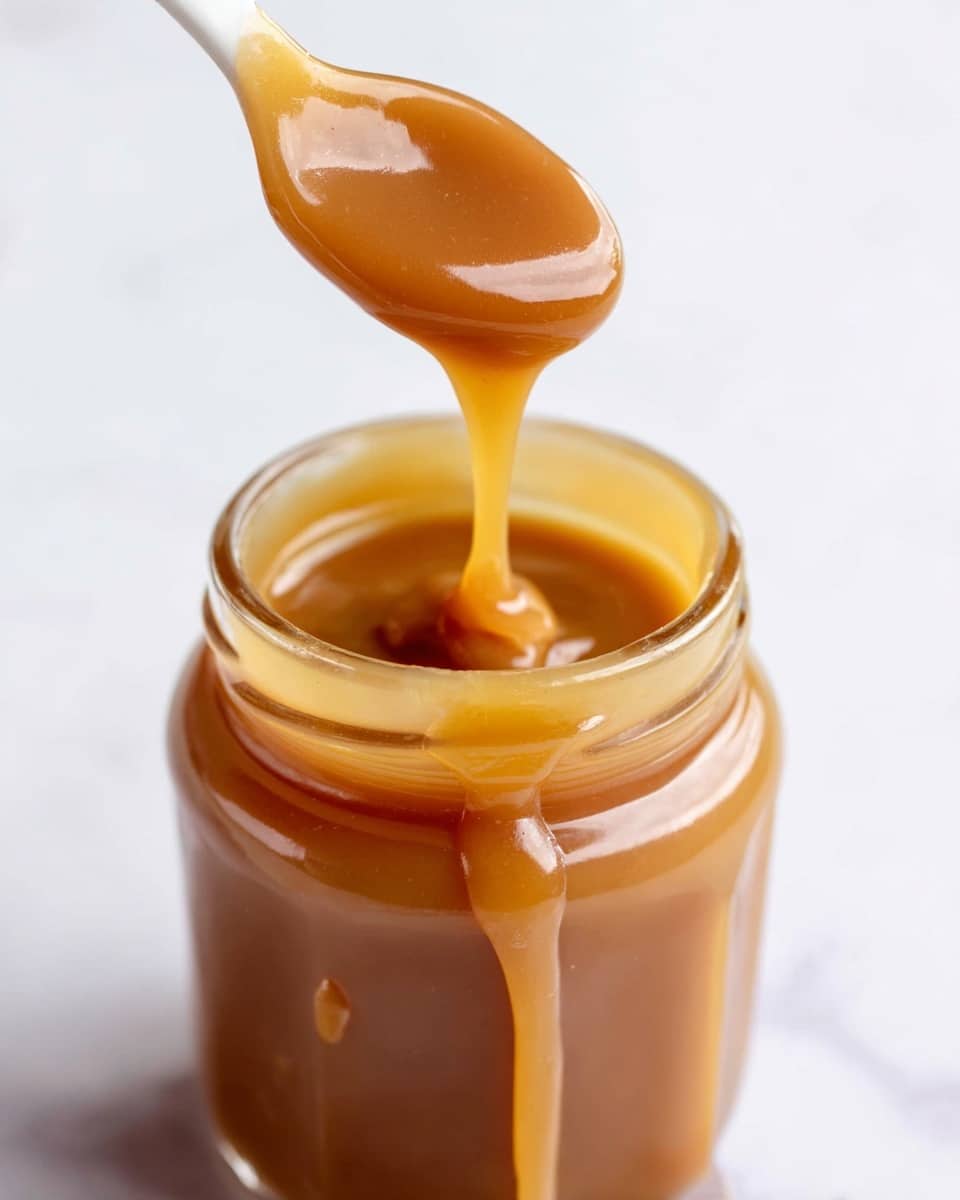 A clear glass jar filled with thick, golden caramel sauce, with more caramel being slowly poured into the jar from above, creating a glossy, smooth texture on top. The jar sits on a white marbled surface, with the caramel catching the light and showing a rich amber color that looks sticky and shiny. photo taken with an iphone --ar 4:5 --v 7