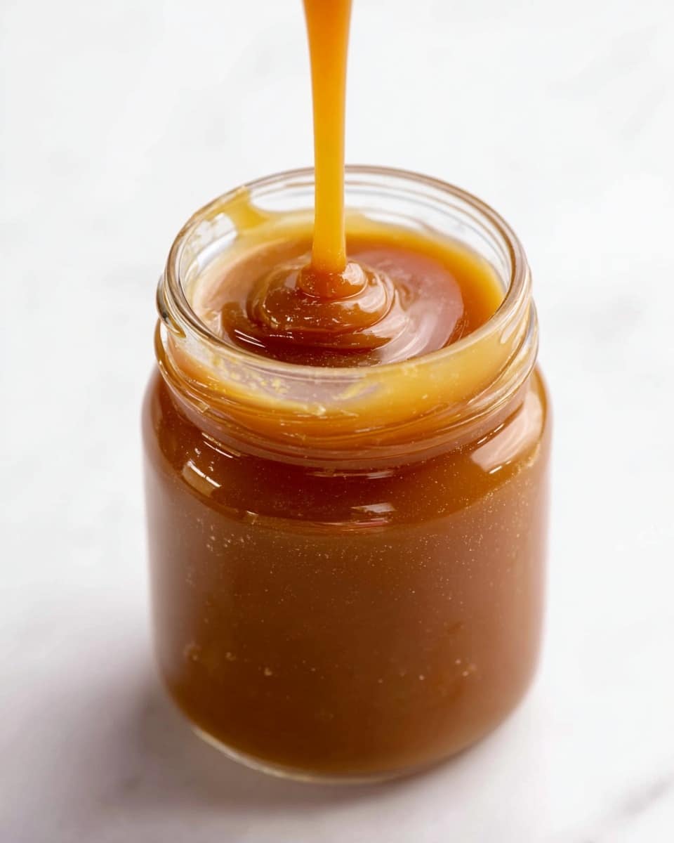 A close-up image of a clear glass jar filled with thick, smooth caramel sauce in warm golden-brown shades. A white spoon is held above the jar with caramel sauce slowly dripping from it back into the jar. The jar’s rim and the caramel’s glossy surface show reflections of light. The background features a clean white marbled texture. photo taken with an iphone --ar 4:5 --v 7