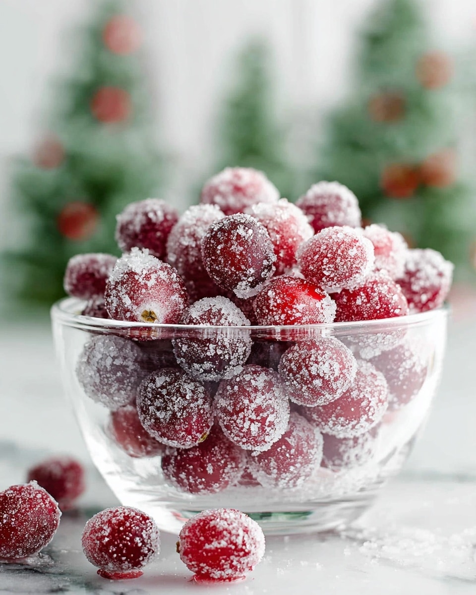 A clear glass bowl filled with many bright red cranberries covered evenly with white sugar crystals, giving a frosted look. The cranberries are round and shiny under the sugar layer, and the pile rises slightly above the bowl's edge. The bowl sits on a white marbled surface with soft light creating gentle shadows. In the blurry background, there is a white cone-shaped object with red stripes and some more sugared cranberries scattered on the surface. Photo taken with an iphone --ar 4:5 --v 7