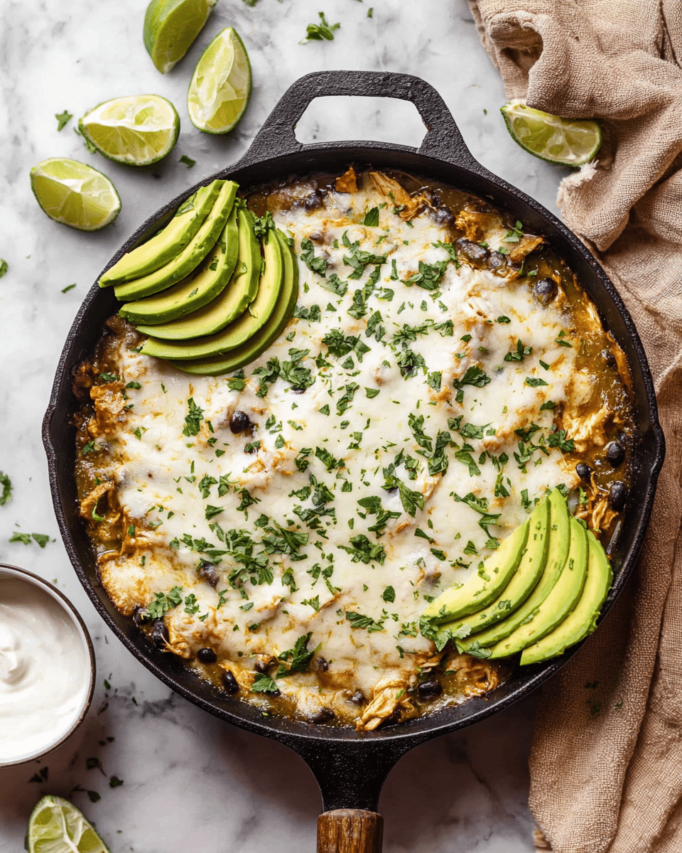 A black cast iron pan filled with a baked dish showing at least three layers: the bottom layer is a greenish sauce mixed with visible black beans and shredded chicken; the middle layer is covered with melted white cheese that has slightly browned edges; the top layer is sprinkled with fresh chopped green herbs. On the left and right sides of the pan, there are several slices of bright green avocado neatly arranged. Around the pan, there are lime wedges and a small white bowl with white creamy sauce on a white marbled surface, and a beige cloth is casually placed near the top right corner. Photo taken with an iphone --ar 4:5 --v 7