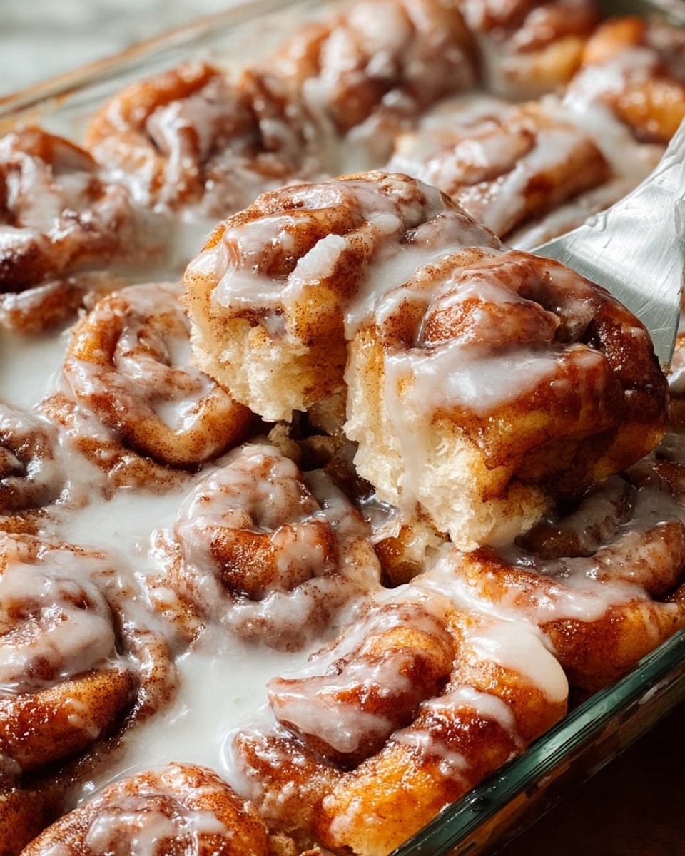 A close-up view of golden-brown pull-apart pieces of baked cinnamon bread layered closely together in a glass pan, each piece showing a crispy textured surface with swirls of cinnamon and sugar. The entire surface is generously drizzled with a thick white glaze that pools slightly in the crevices and on the edges, adding a smooth, shiny contrast. A metal spatula is lifting a piece, revealing a soft, fluffy inside with a shiny, sugary crust, set against a white marbled texture background. photo taken with an iphone --ar 4:5 --v 7