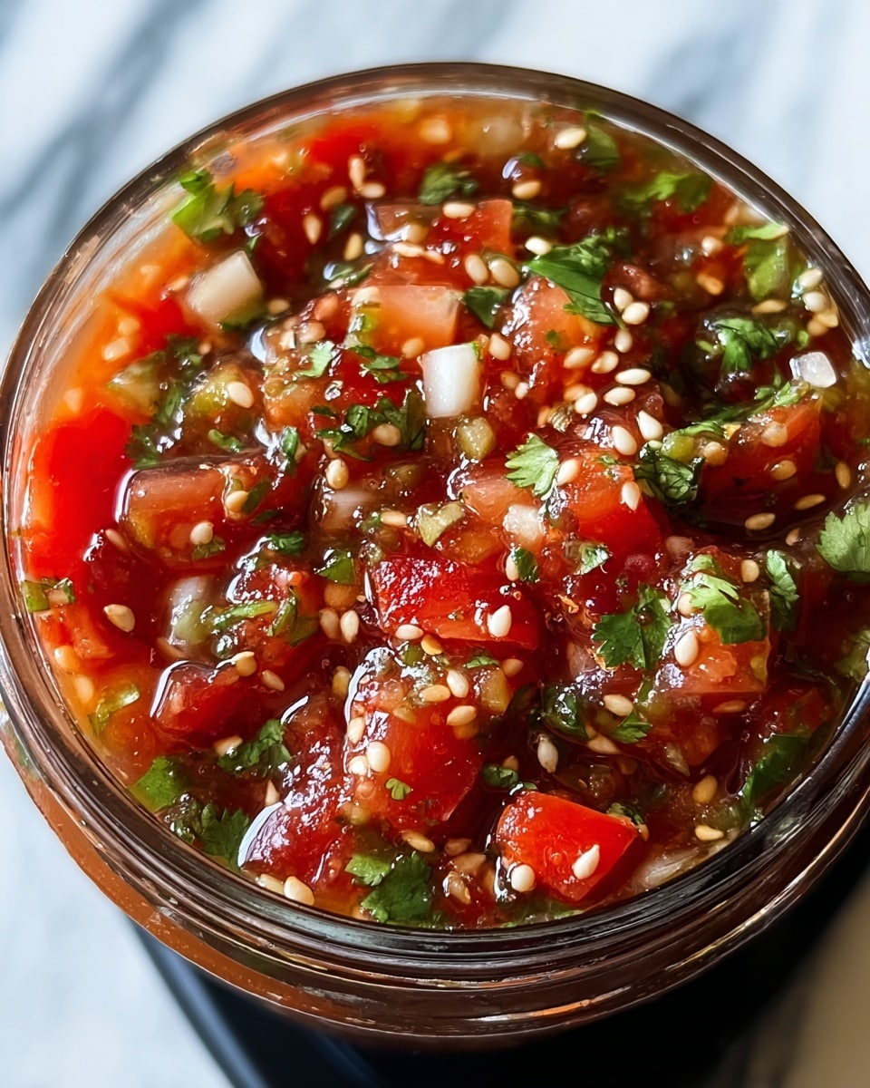 A close-up view of a glass jar filled with chunky salsa. The salsa has a thick red base made of crushed tomatoes and is mixed with small pieces of bright red tomatoes, light green chopped cilantro, and small white chunks of onion, all spread throughout the jar. Tiny white sesame seeds are scattered throughout the salsa, adding texture. The jar is clear and shows the vibrant colors inside, sitting against a white marbled textured surface. photo taken with an iphone --ar 4:5 --v 7
