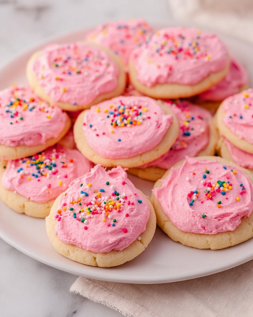 A stack of three soft yellow cookies, each separated by thick layers of bright pink frosting. The top cookie is fully covered with a smooth, swirled pink frosting, decorated with colorful sprinkles in red, white, blue, green, and yellow. The cookies have a slightly cracked surface, and the frosting looks creamy and fluffy. The stack sits on a small round white marble plate with a few sprinkles scattered around it. In the background, part of a glass of milk with a textured surface and a white marbled texture surface are visible. Photo taken with an iphone --ar 4:5 --v 7