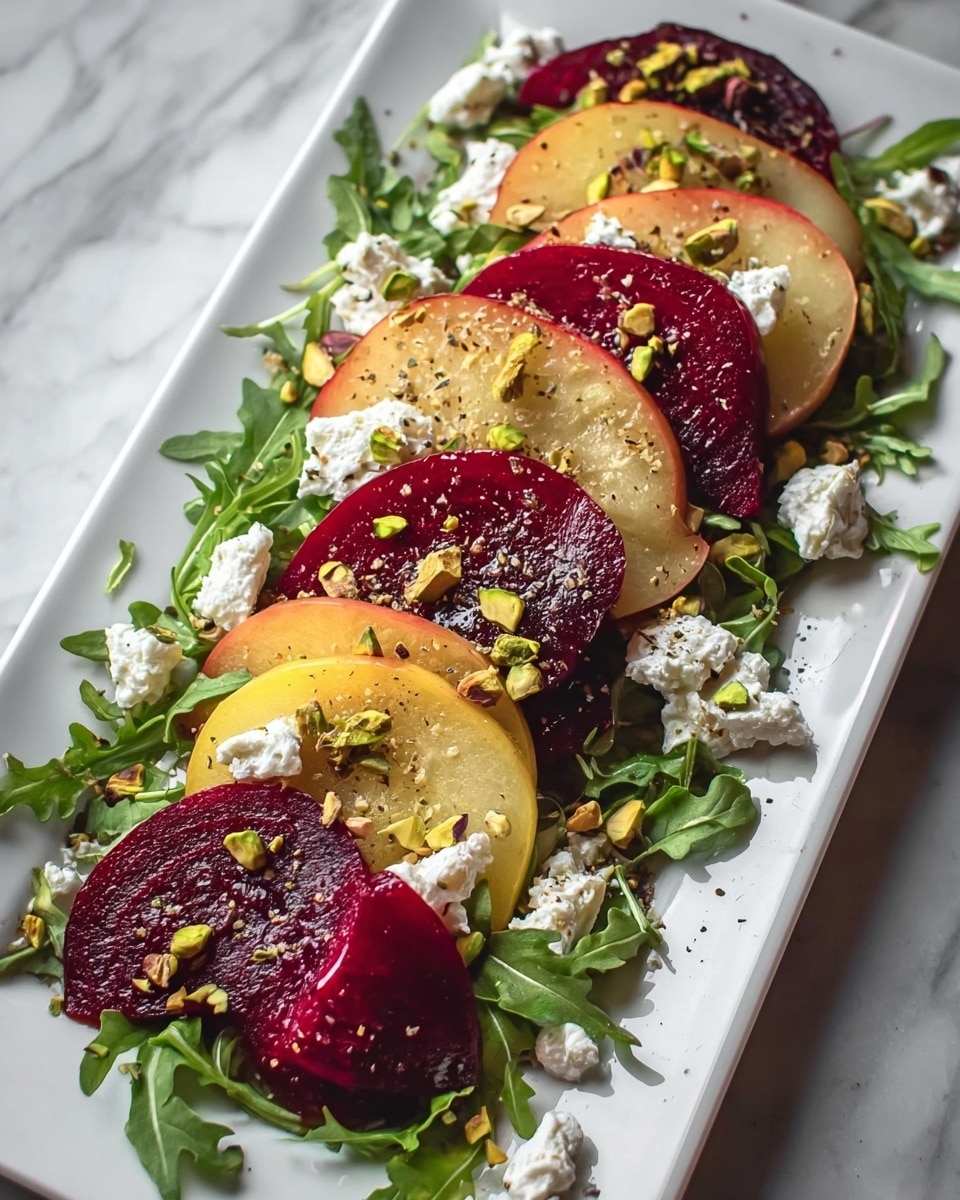 A rectangular white plate holds a fresh salad arranged in three main layers. The base layer is a bed of green arugula leaves, spread evenly across the plate. On top of this, thin slices of red beets and pale yellow apple slices alternate in rows, each slice showing a smooth, juicy texture. Scattered over these layers are chunks of white, creamy goat cheese and green pistachio nuts, adding small bursts of texture and color contrast. The salad is lightly sprinkled with coarse spices, giving it a slightly speckled look. The whole presentation sits on a white marbled surface in soft natural light, showing the fresh and vibrant colors clearly. Photo taken with an iphone --ar 4:5 --v 7