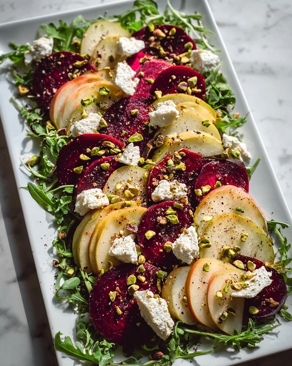 The dish is arranged on a white rectangular plate with a base layer of fresh green arugula leaves spread evenly. On top, there are alternating slices of deep red beetroot and pale yellow apple, each slice showing a smooth, slightly shiny texture. Scattered over the fruit and greens are small white dollops of crumbly goat cheese and sprinkled green pistachio pieces, adding a crunchy texture. The dish is lightly seasoned with visible cracked pepper and small bits of seasoning. The plate is placed on a white marbled surface. photo taken with an iphone --ar 4:5 --v 7