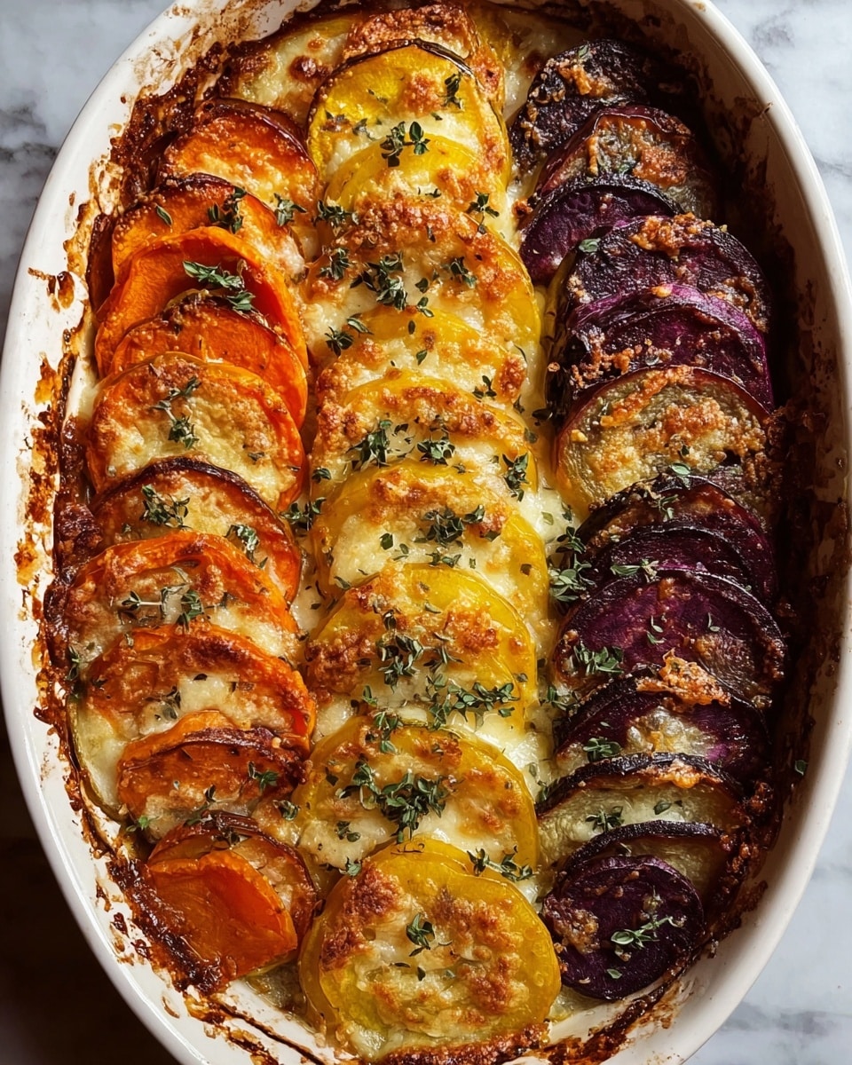 In a white oval baking dish, there are three neat rows of thin vegetable slices arranged vertically: bright orange sweet potato slices on the left, creamy white potato slices in the middle, and deep red beet slices on the right. Each slice is slightly browned and caramelized at the edges, giving a crispy texture. The surface is sprinkled with herbs, possibly thyme, and lightly seasoned with spices. The layers are stacked closely, filling the dish with a colorful gradient from warm orange to pale yellow to dark purple. The edges of the dish have some browned bits from baking, adding a rustic, appetizing look. Photo taken with an iphone --ar 4:5 --v 7
