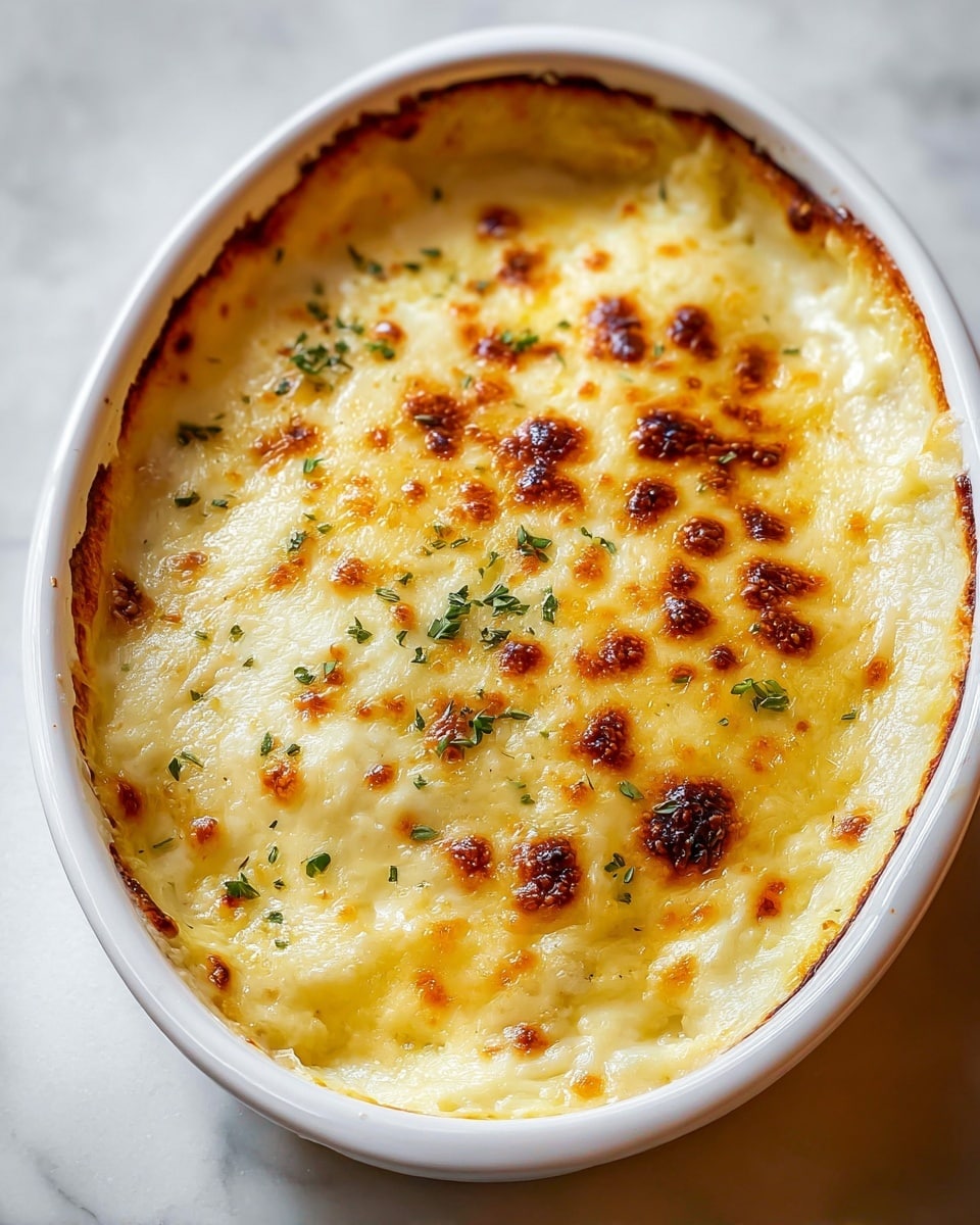 This image shows a white oval dish filled with a creamy dish that has a golden browned top layer, slightly bubbling with some patches of darker caramelized spots. Beneath the top layer is a smooth, pale yellow creamy layer that looks soft and rich. There are small bits of green garnish sprinkled lightly on the top, adding a fresh pop of color against the warm creamy tones. The dish is placed on a white marbled surface, enhancing its warm color and creamy texture. photo taken with an iphone --ar 4:5 --v 7