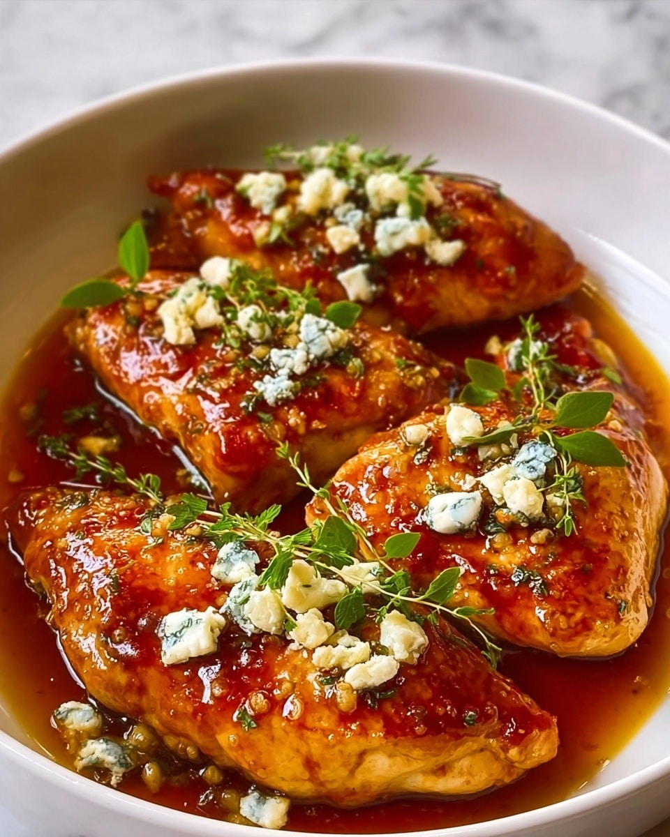 The image shows three grilled chicken breasts arranged closely in a white rectangular dish, each piece glazed with a shiny, sticky amber sauce. The top of the chicken is sprinkled with white crumbled cheese that has blue spots, and small bits of fresh green herbs are scattered over the surface. A sprig of fresh rosemary rests on the closest chicken piece as a garnish. The chicken pieces have a slightly charred texture on the edges, making them look juicy and flavorful, all set on a white marbled surface. Photo taken with an iphone --ar 4:5 --v 7