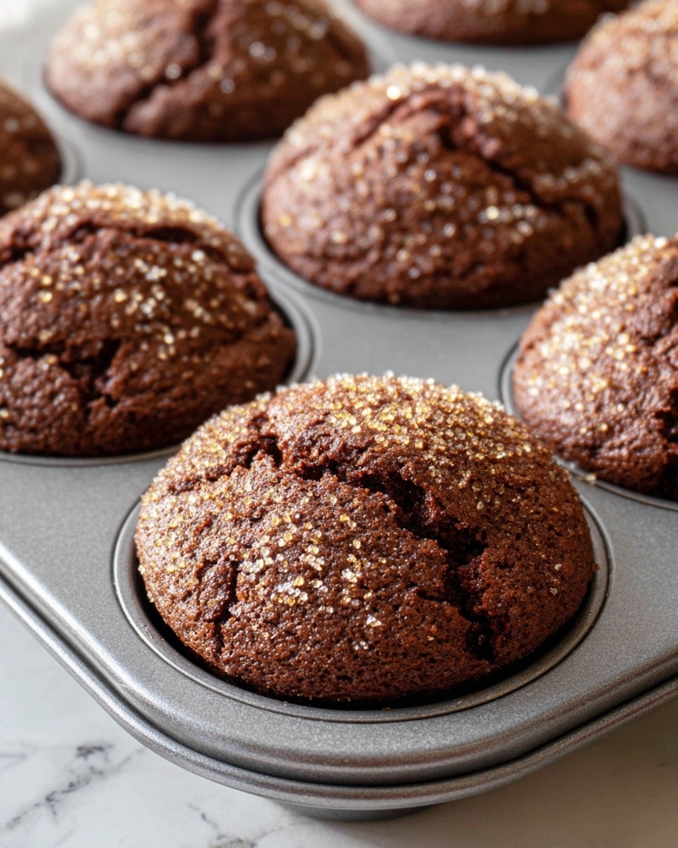 The image shows a close-up of freshly baked chocolate muffins still in a metal muffin tray, with eight muffins visible; each muffin is dark brown and has a cracked top covered with large, sparkling sugar crystals that add texture and a slight shine. The muffins have a dome-shaped top that rises above the tray's edges, showing a rough yet soft texture. The tray and muffins rest on a white marbled surface, and a yellow and white cloth can be seen blurred in the background. photo taken with an iphone --ar 4:5 --v 7