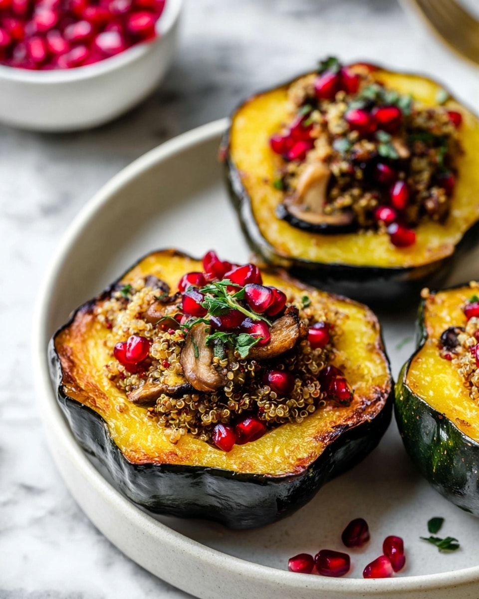 The image shows three halves of roasted acorn squash filled with a quinoa and mushroom mixture on a white marbled surface. Each squash half has a dark green, slightly shiny outer skin with a golden-yellow roasted interior that has a soft, slightly caramelized texture. The filling consists of light brown quinoa grains mixed with darker cooked mushrooms, giving a crumbly and moist look. Bright red pomegranate seeds are scattered on top, adding a glossy and juicy contrast, along with small green thyme leaves that provide a fresh touch. The squash halves are arranged on a round, textured brown plate, and the scene is softly lit to highlight the colors and textures. Photo taken with an iphone --ar 4:5 --v 7