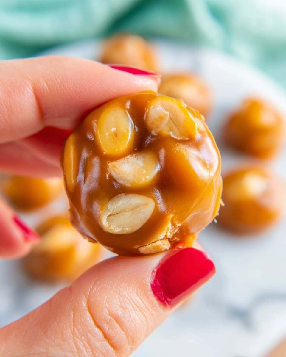 The image shows small round peanut brittle pieces on a white marbled surface. Each piece has one layer: a shiny caramel-colored base with whole and halved peanuts embedded throughout, giving a smooth but slightly bumpy texture. The peanuts are light brown with some darker spots, contrasting with the amber caramel. Around the brittle pieces, a few loose peanuts are scattered. In one corner, a greenish-blue textured cloth is partially visible. The lighting highlights the glossy surface of the peanut brittle, making it look sticky and fresh. Photo taken with an iphone --ar 4:5 --v 7