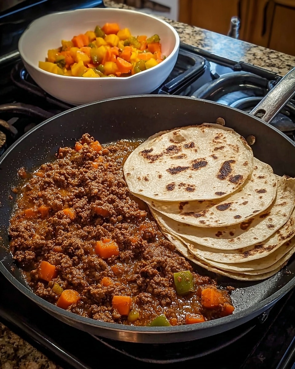 A large black frying pan sits on a stove with cooked ground meat mixed with diced orange carrots and green bell peppers in a rich brown sauce filling the left and bottom parts of the pan. On the right side, four light golden-brown tortillas with dark toasted spots are stacked neatly. In the background, a white bowl holds a colorful mix of diced orange and yellow vegetables in a red sauce. The scene is set on a white marbled counter. Photo taken with an iphone --ar 4:5 --v 7