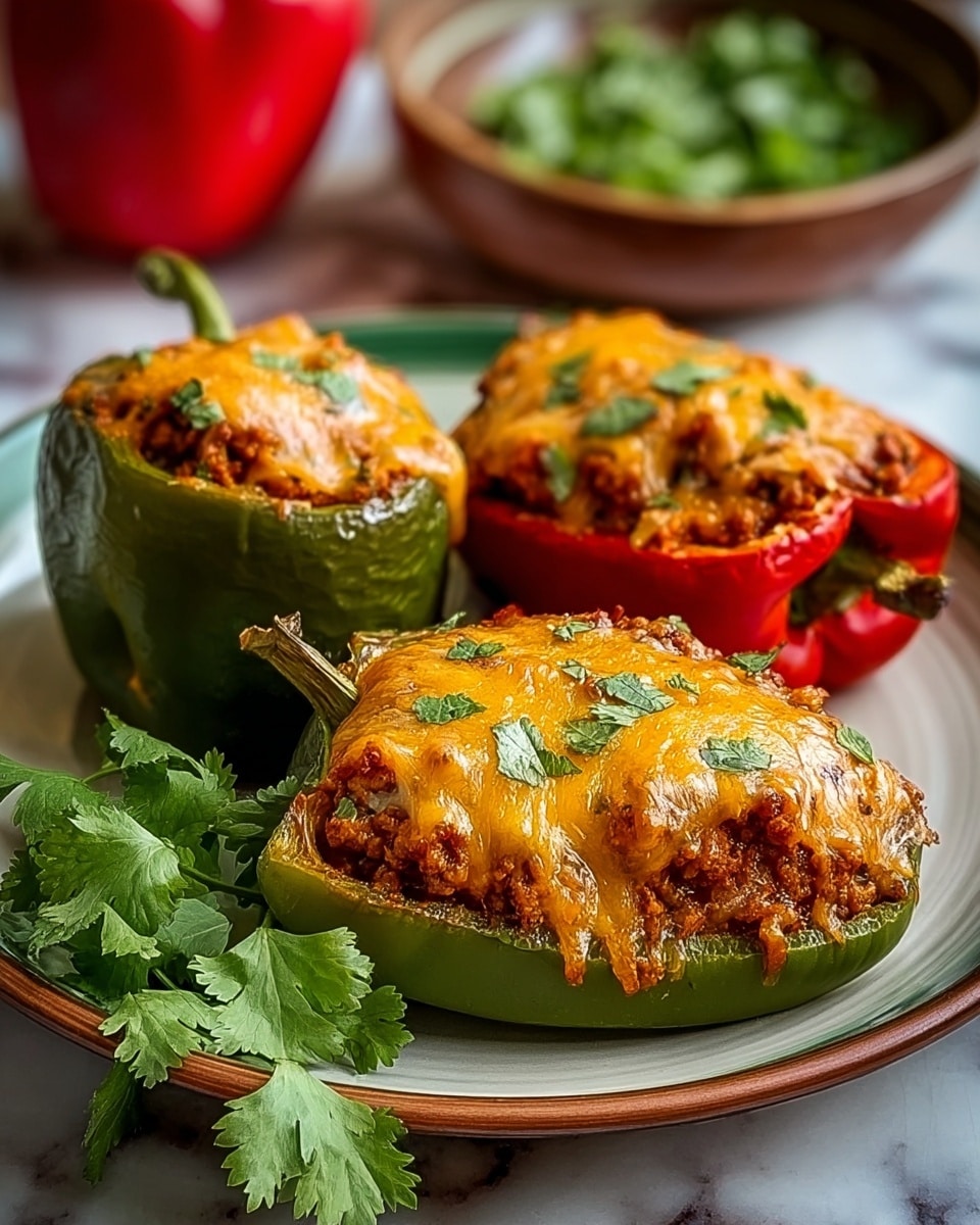Three stuffed peppers sit on a white plate with a green inner surface and brown rim, arranged closely together. Two peppers are green and one is red, each sliced in half lengthwise and filled with a brownish-red meaty mixture. A melted layer of golden yellow and slightly orange cheese covers the filling, with small green cilantro leaves sprinkled on top for garnish. The peppers have a smooth, glossy texture, and the filling looks moist and thick. Some fresh cilantro leaves rest on the plate beside the peppers. The background shows a white marbled texture. Photo taken with an iphone --ar 4:5 --v 7