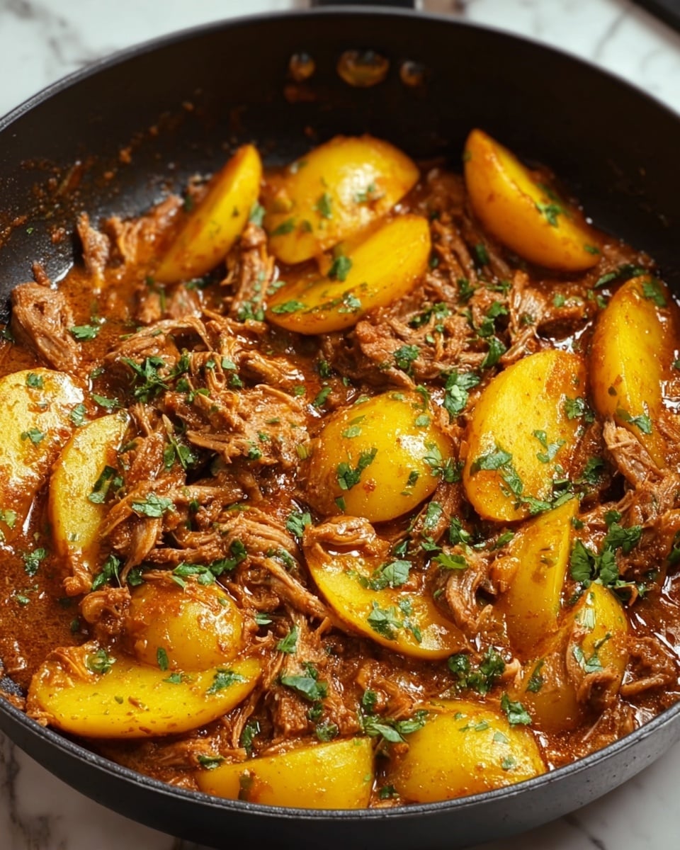 A close-up view of a black pan filled with a rich stew containing multiple layers: the bottom layer is a thick reddish-brown sauce, topped with medium-sized yellow potato wedges evenly spread throughout. Scattered over the potatoes are thin, shredded pieces of cooked beef. The dish is garnished with small green herb leaves that add a touch of freshness. The pan sits on a white marbled surface, and the background is softly blurred. photo taken with an iphone --ar 4:5 --v 7