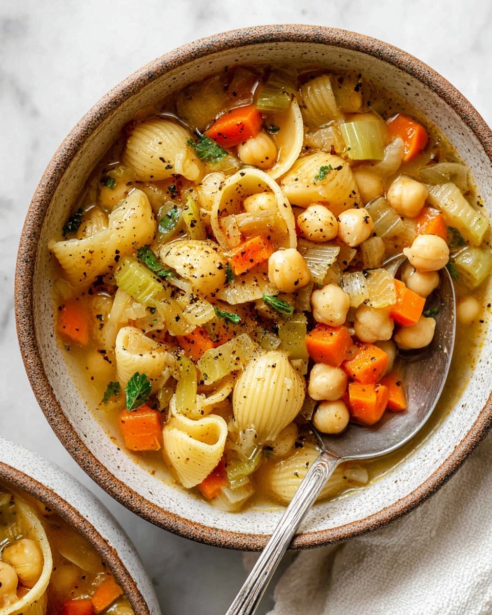 A close-up view of a bowl filled with shell pasta soup, showing three main layers: large, light yellow shell pasta, round beige chickpeas, and chopped vegetables including orange carrot cubes, green celery pieces, and small bits of onion. Fresh green herbs are scattered throughout, and black pepper is sprinkled on top adding texture. The broth is light and clear, partially covering the ingredients. A metal spoon scoops a mix of pasta, chickpeas, and vegetables from the bowl resting on a white marbled surface, with a soft white cloth nearby. photo taken with an iphone --ar 4:5 --v 7