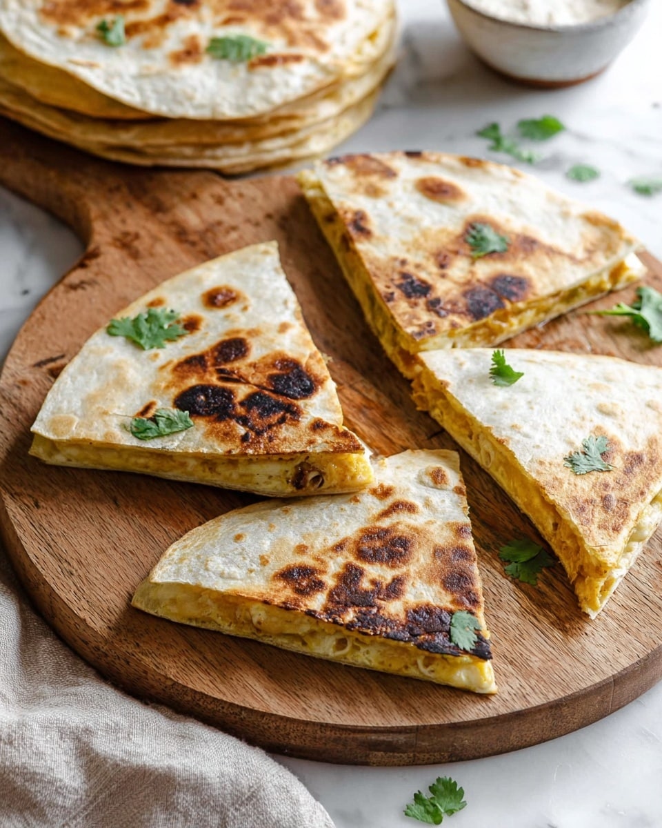 Three folded flatbreads are stacked closely on a white marbled surface, each showing a golden-brown, slightly charred texture with some darker roasted spots. The flatbreads have light, crispy layers and look soft inside the folds. Fresh green cilantro leaves are scattered loosely on top and around the flatbreads, adding a touch of color. In the background, the edge of a rustic wooden cutting board and a knife with a wooden handle can be seen, all resting on the same white marbled surface. photo taken with an iphone --ar 4:5 --v 7