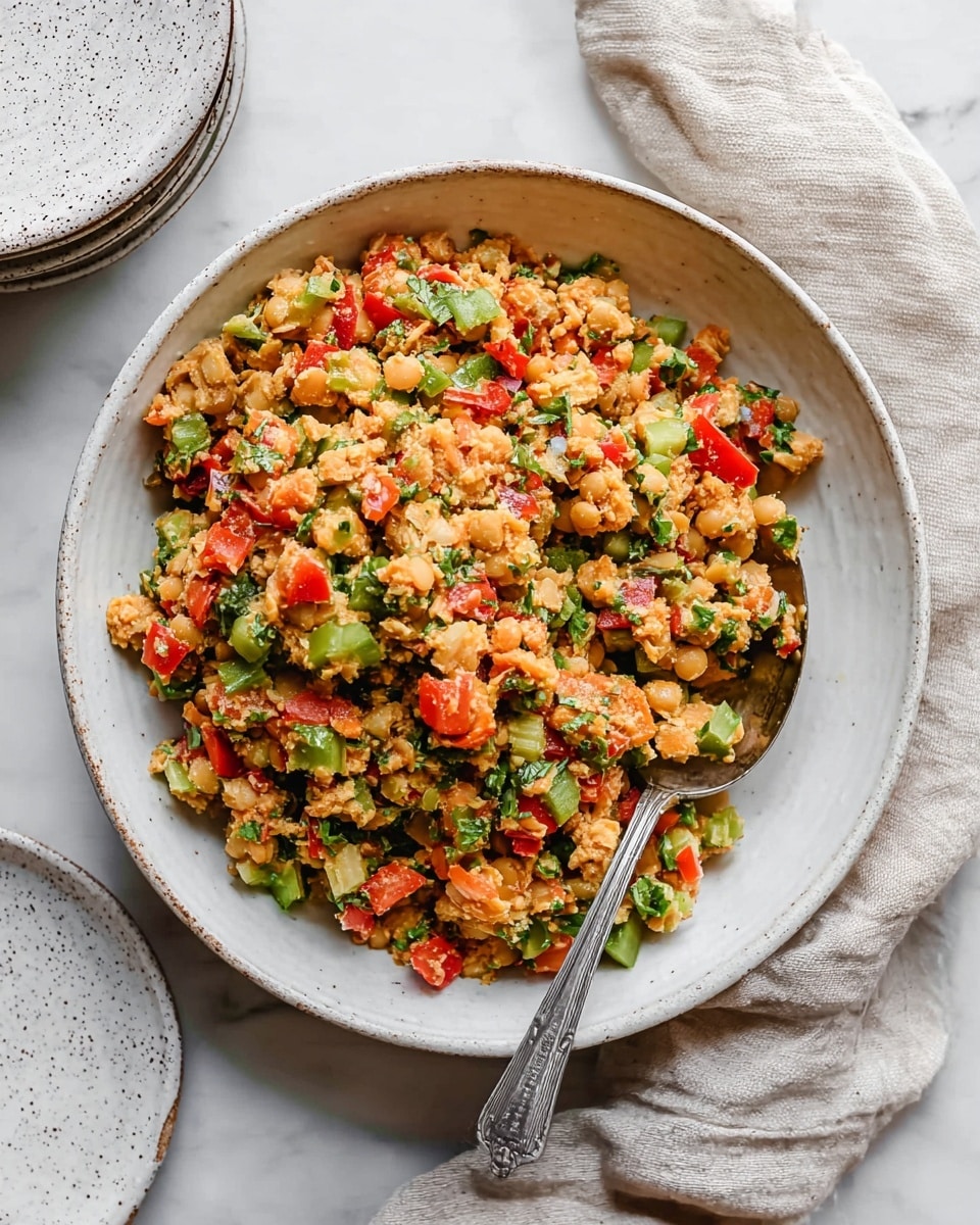 A round white bowl filled with a colorful mix of chopped ingredients, including red bell peppers, green celery, and beige lentils or chickpeas, all combined with a coarse, crumbly texture. A silver spoon rests in the bowl on the right side, partially submerged in the mixture. The bowl is placed on a white marbled surface with a light beige cloth draped on the top right corner and a stack of speckled white plates on the left. The overall look is fresh and homemade, showing a well-mixed, chunky dish. photo taken with an iphone --ar 4:5 --v 7