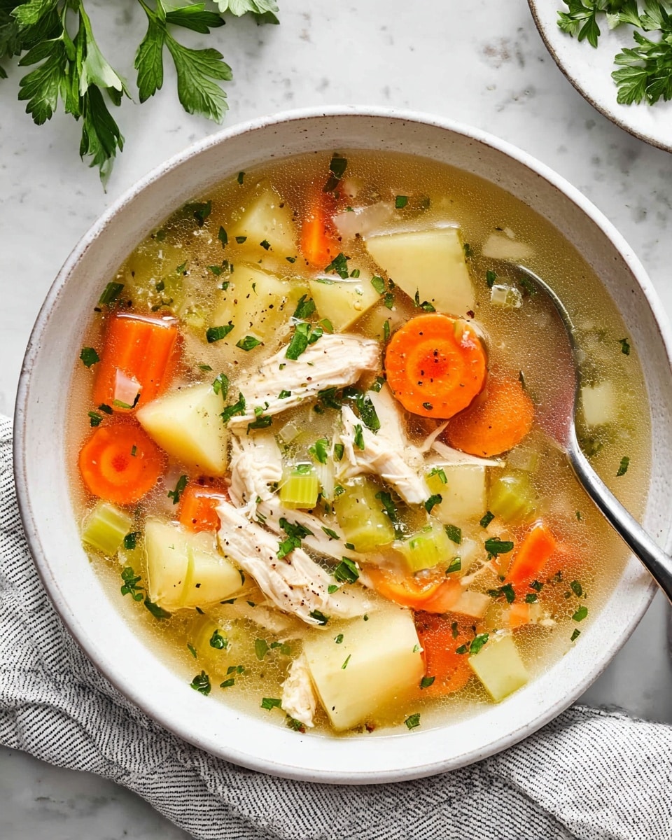 A white bowl filled with clear golden broth holds multiple layers of chunky ingredients, including large bright orange carrot slices, pale yellow potato chunks, and light green celery pieces floating evenly throughout. Shredded white turkey meat is layered on top along with finely chopped green herbs scattered across the surface. A silver spoon rests inside the bowl, partially submerged in the soup. The bowl sits on a white marbled texture with a small piece of green leafy herb nearby. photo taken with an iphone --ar 4:5 --v 7