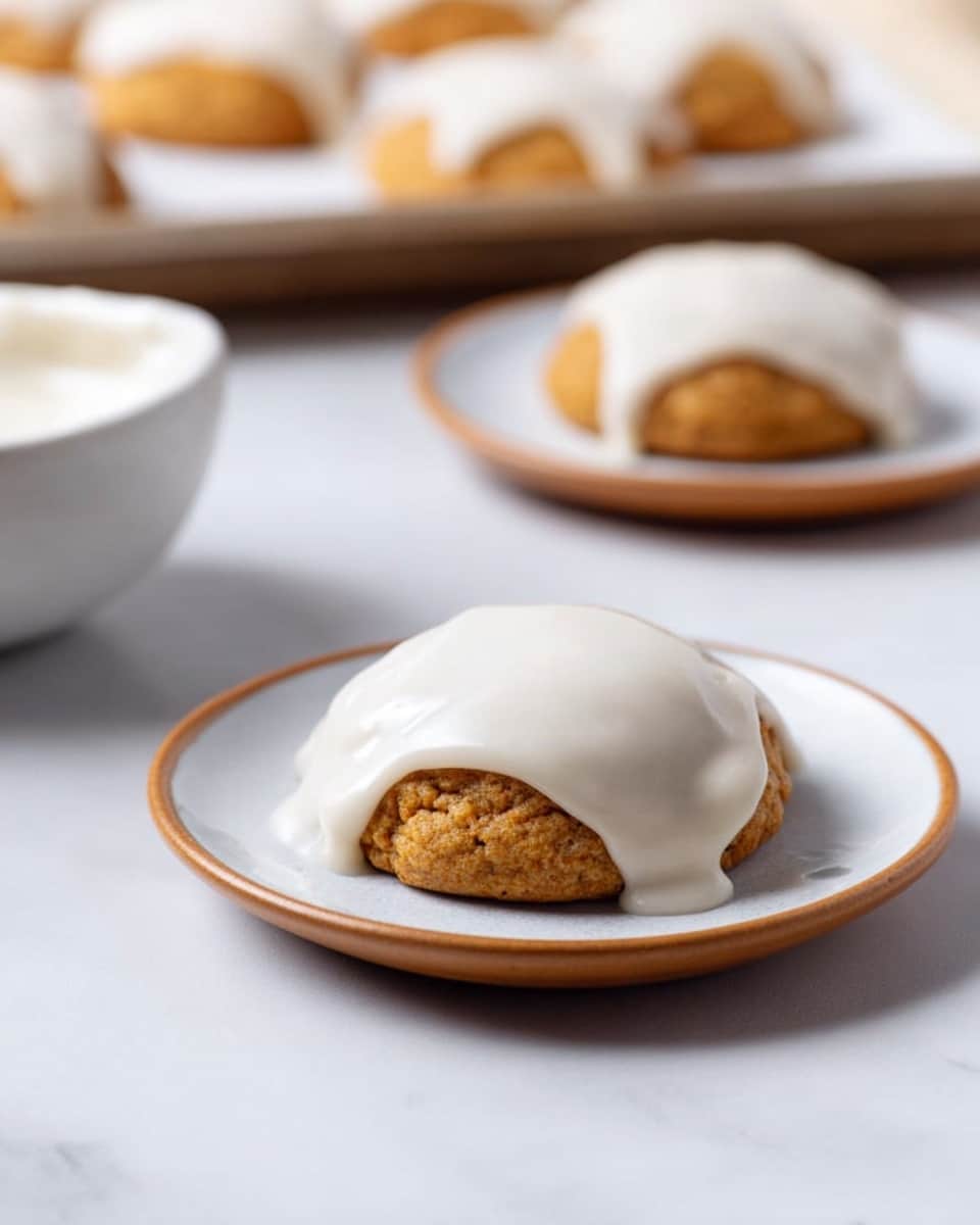 The image shows a close-up of a single small round cookie with a rough texture and a golden brown color sitting on a white small plate. The cookie is topped with a thick layer of smooth, creamy white icing that drips slightly over the cookie's edges. In the background, there is another white small plate with a similar iced cookie, and to the left, part of a white bowl with icing inside is visible. Further back, a white baking tray holds several more golden brown cookies without icing. The whole scene is set on a white marbled surface, creating a clean and bright look. Photo taken with an iphone --ar 4:5 --v 7