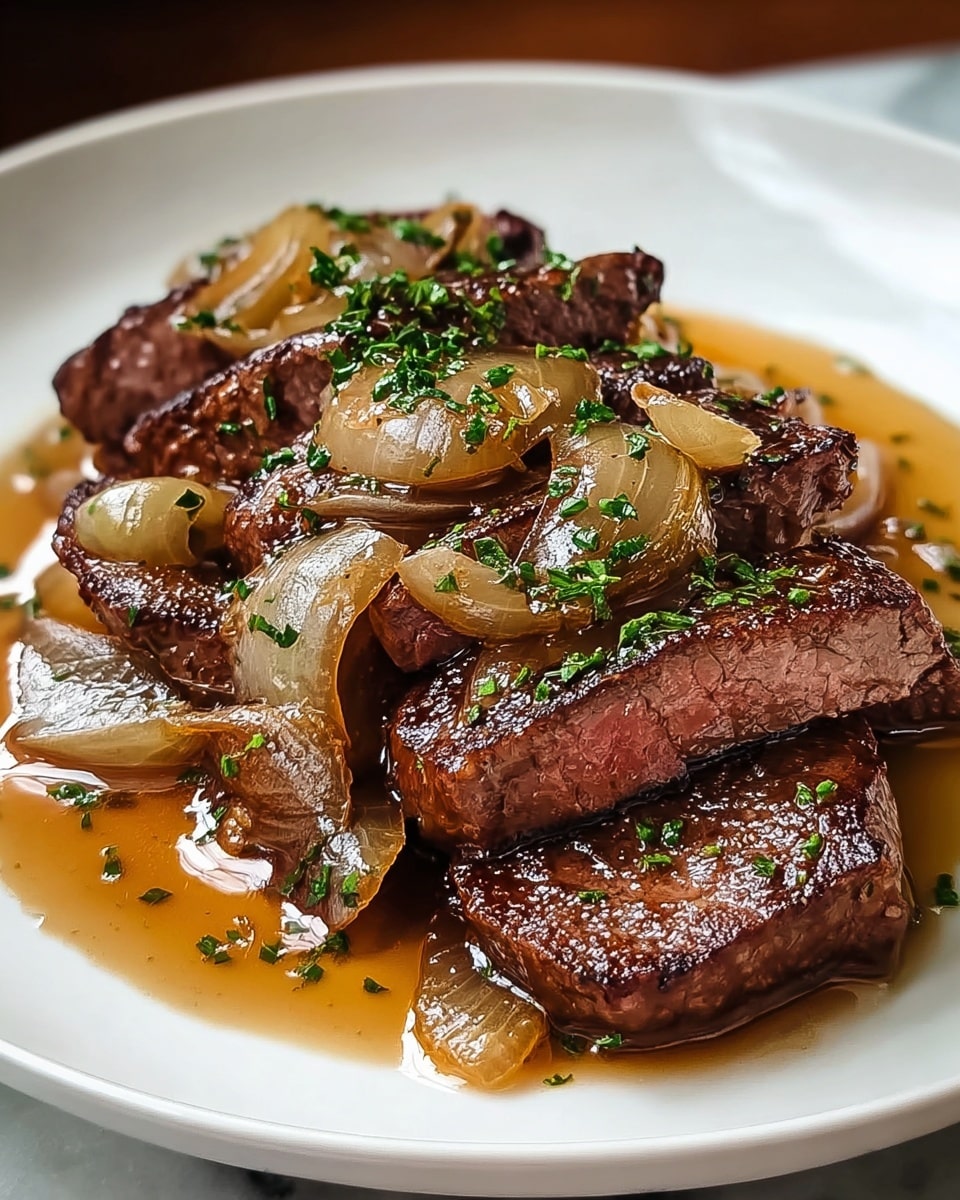 A white plate holds several pieces of dark brown, juicy cooked steak layered at the bottom, covered by a glossy layer of golden-brown cooked onions with a slightly translucent look. The dish is garnished with small green herb bits scattered on top and around the steak and onions. A light brown sauce pools around the base of the steak, adding shine and moisture, all set on a white marbled surface. Photo taken with an iphone --ar 4:5 --v 7