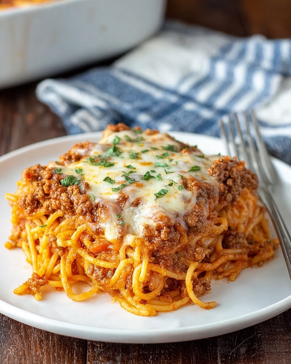 A white plate holds a square serving of baked spaghetti. The bottom layer consists of golden-yellow spaghetti pasta mixed with a reddish-brown meat sauce. Above the pasta is a thick layer of browned ground meat in a rich tomato sauce, topped with melted, creamy white cheese sprinkled with chopped fresh green herbs. The dish sits on a white marbled surface, with a fork and a blue and white cloth napkin in the background, and a white baking dish nearby. Photo taken with an iphone --ar 4:5 --v 7