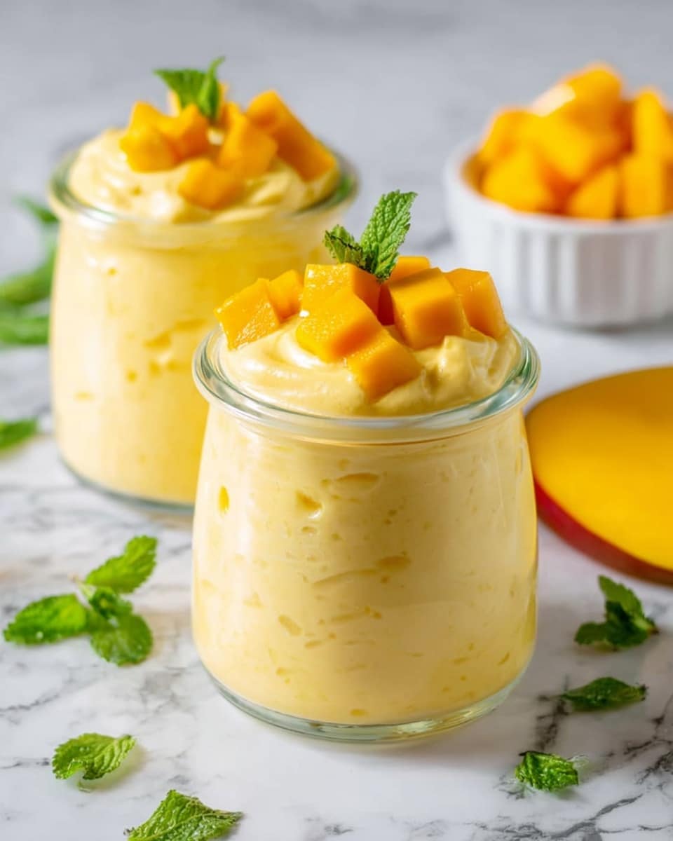 The image shows two clear glass jars filled with a creamy, pale yellow mango smoothie that has a smooth texture with faint swirls. Each jar is topped with bright orange chunks of fresh mango, a small sprinkle of white shredded coconut, and a fresh green mint leaf. A silver spoon stands upright in each jar. The jars are sitting on a white plate with a white marbled surface beneath. There are also some scattered green mint leaves and a cut mango half with its orange flesh visible on the side. In the background, there is a small white bowl with more mango chunks. photo taken with an iphone --ar 4:5 --v 7