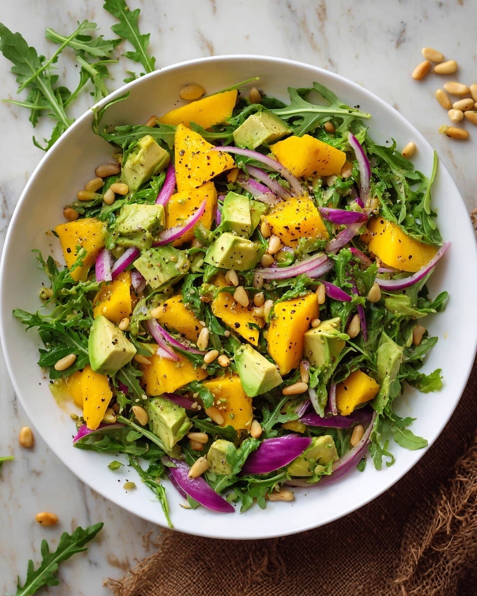 A fresh salad in a white bowl with a dotted rim is arranged on a white marbled surface. The base layer is bright green arugula leaves, rough-textured and loosely spread. On top, there are orange cubed pieces of mango or sweet potato, and green slices of avocado with smooth, creamy texture. Scattered throughout are thin slices of purple-red onion and small toasted pine nuts, adding light brown crunchy bits. The salad is sprinkled with black pepper and herbs, giving a speckled look over the colorful layers. Photo taken with an iphone --ar 4:5 --v 7