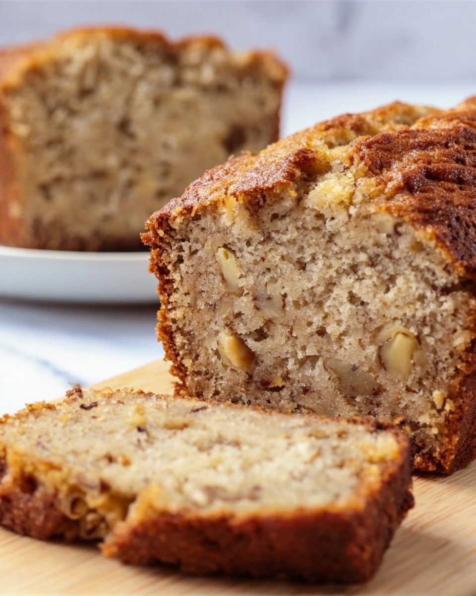 The image shows a close-up of a thick loaf of banana bread with walnuts inside. The bread has a golden brown crust that looks slightly crispy, while the inside is soft and moist with visible chunks of walnuts scattered throughout. One large slice is cut from the loaf, placed flat in front, showing the dense texture with small pieces of banana and nuts. Another slice is visible in the background on a white plate, resting on a white marbled surface. photo taken with an iphone --ar 4:5 --v 7