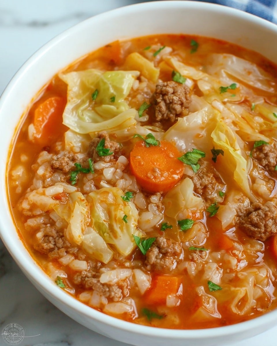 A close-up of a white bowl filled with a hearty soup that has visible layers of ingredients. The top layer shows soft, slightly translucent cabbage pieces with a pale yellow and green color. Underneath, there are small, brown chunks of ground meat mixed with white rice grains. Carrot slices with a bright orange color add contrast, scattered within the soup. The broth has a rich, reddish-orange color with a smooth texture, coating the ingredients and giving the soup a warm and comforting look. Small green herb bits are sprinkled on top for a fresh touch. The bowl is set on a white marbled surface. Photo taken with an iphone --ar 4:5 --v 7
