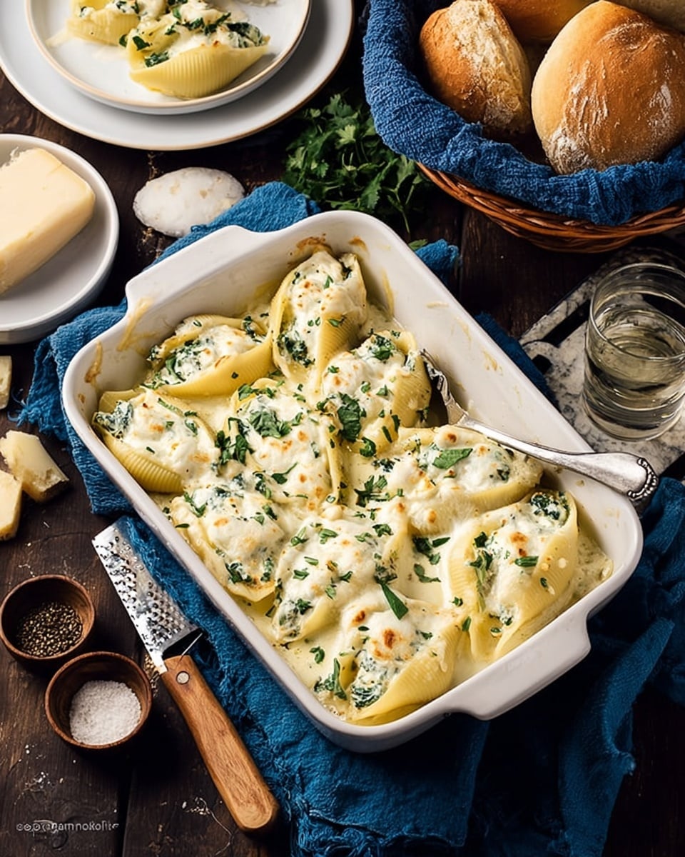 The dish shows a white rectangular baking pan filled with large pasta shells stuffed with a creamy white cheese filling, topped with melted cheese and small green herb bits scattered evenly on top. The shells are golden-yellow with soft, slightly browned edges, and the cheese looks smooth and bubbly. A silver spoon is partially submerged in the pan on the right side. Nearby, there is a white plate with one stuffed shell, a wooden bowl with pepper, sea salt in a small bowl, and a basket of bread rolls on a blue cloth, all resting on a white marbled surface. Photo taken with an iphone --ar 4:5 --v 7