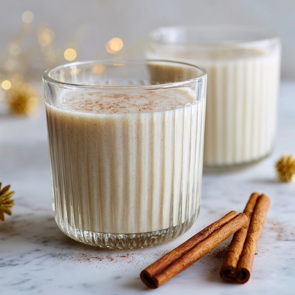The image shows two clear glass cups filled with a creamy white drink. In the foreground, one cup is fully visible with vertical ridges along its sides, and behind it, another similar cup is partially visible. Both drinks have a smooth texture and a slight shine on the surface. Two brown cinnamon sticks lay casually beside the cups on a white marbled surface. The background is softly blurred with light colors and some small golden decorations, creating a warm and cozy feeling. Photo taken with an iphone --ar 4:5 --v 7