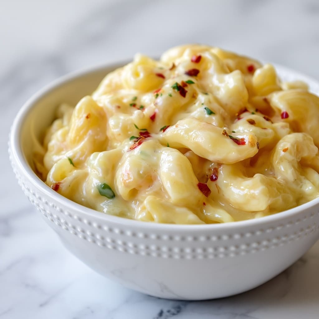 A full white bowl filled with creamy macaroni and cheese, showing three layers: the bottom layer is hidden but holds the cooked elbow macaroni, the middle layer is thick, smooth, pale yellow cheese sauce that coats each piece of pasta, and the top has small red pepper flakes scattered unevenly for a slight color contrast. The bowl rests on a light wood board with a soft striped cloth napkin blurred in the background on a white marbled surface. photo taken with an iphone --ar 4:5 --v 7
