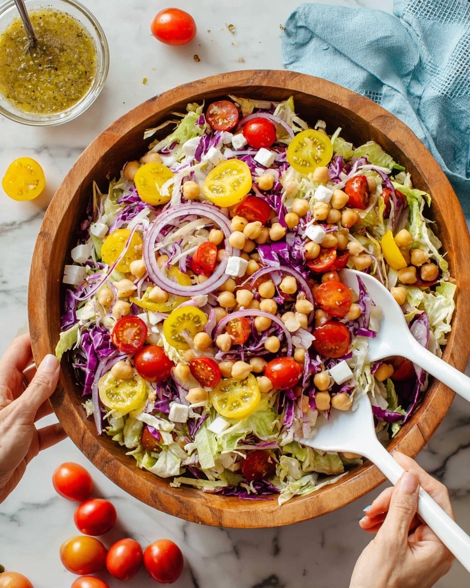 A large wooden bowl filled with a colorful salad sits on a white marbled surface, showing layers of shredded green lettuce and purple cabbage forming the base. On top, there are scattered light beige chickpeas, small white cheese cubes, and thin slices of yellow pepper rings. Bright halved cherry tomatoes, with rich red color and juicy texture, are spread across the salad. Thin rings of red onion add a touch of violet among the greens. Two white salad spoons are held by a woman's hands, mixing the salad with some cherry tomatoes and chickpeas visible near the bottom. Nearby, whole ripe cherry tomatoes rest on the marbled surface, and a small glass bowl with greenish dressing and a spoon is in the upper left corner. A light blue cloth napkin peeks into the frame from the upper right side. Photo taken with an iphone --ar 4:5 --v 7