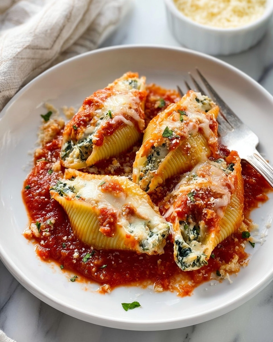The image shows three stuffed pasta shells on a white plate, laid over a thick layer of chunky red marinara sauce with visible tomato pieces and herbs. Each shell is a golden-yellow color with ridged textures, filled with a creamy white cheese mixture dotted with green spinach leaves. The melted cheese topping is slightly browned in spots and appears gooey, blending with the sauce at the edges. Small green herb pieces are sprinkled on top and around the dish. A silver fork rests on the plate’s edge. The plate sits on a white marbled surface with a slightly blurred background featuring a white bowl of grated cheese and a light-colored cloth. Photo taken with an iphone --ar 4:5 --v 7