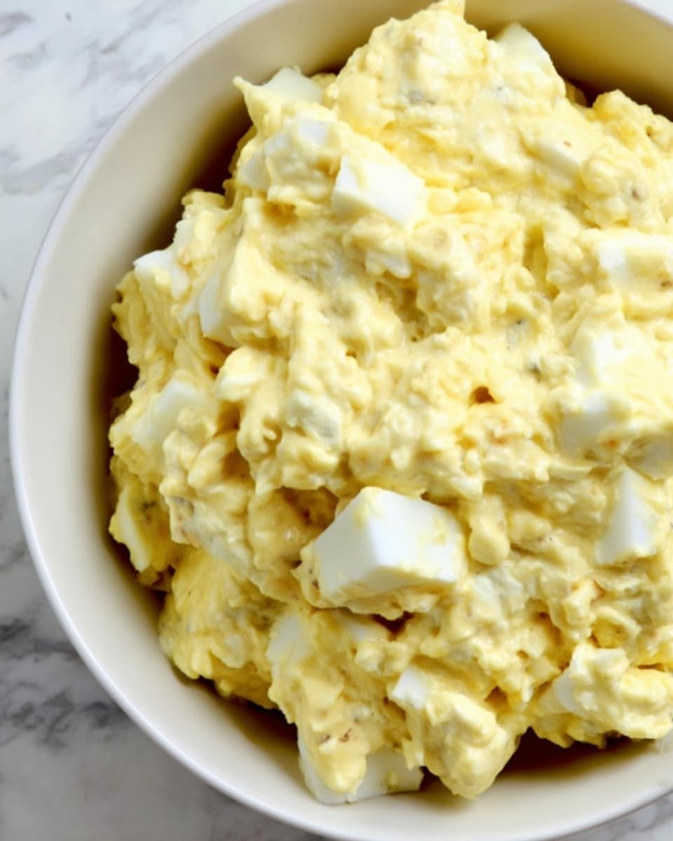 A close-up view of a creamy egg salad inside a white bowl. The dish has a soft, chunky texture with pale yellow mixed egg yolks and whites. Visible small, white cube pieces of hard-boiled egg are scattered throughout. The salad looks thick and slightly rough in texture, filling the bowl almost to the edges. The background features a white marbled texture. photo taken with an iphone --ar 4:5 --v 7