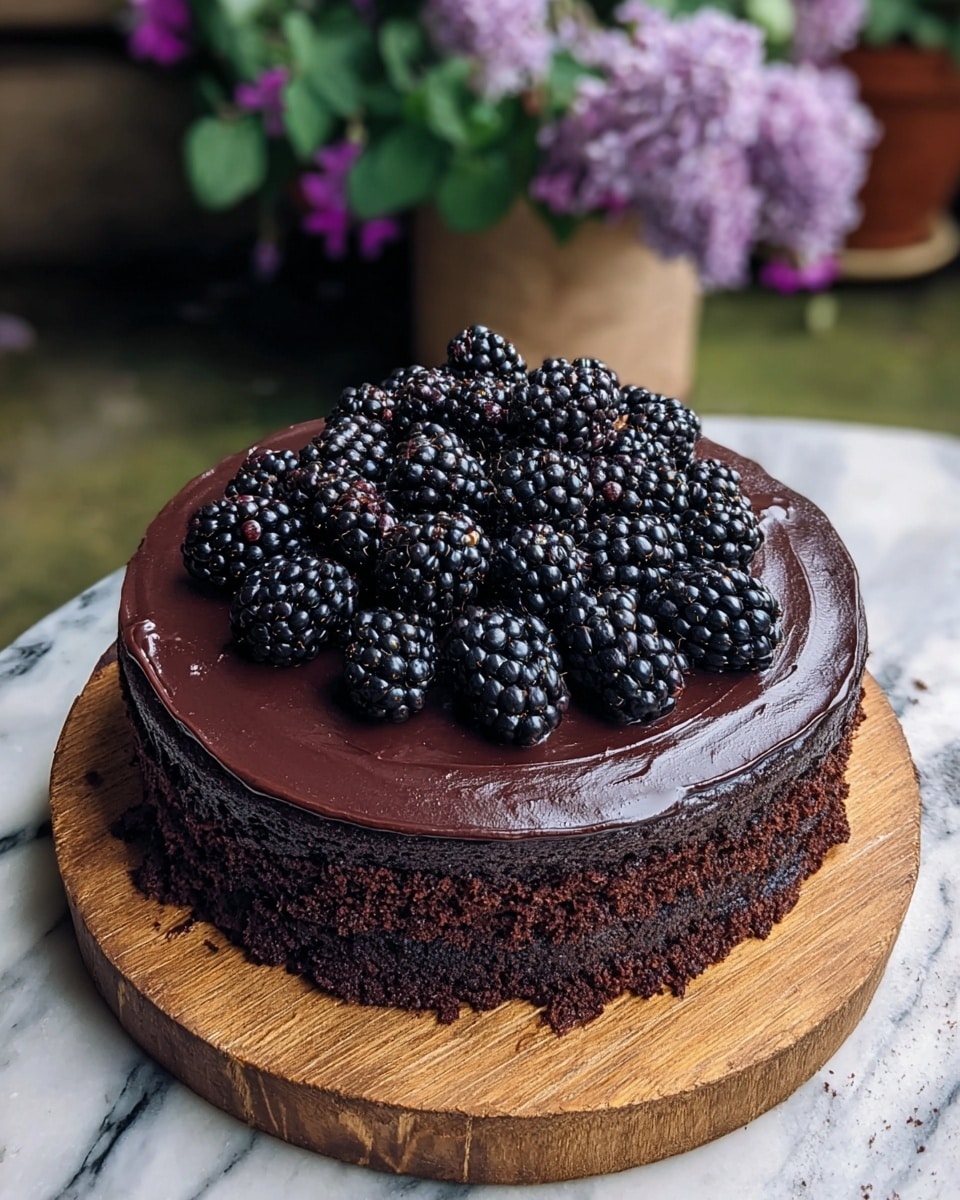 A round, two-layer chocolate cake sits on a white plate atop a wooden board. The bottom layer is dark, moist chocolate cake with a crumbly texture, while the top layer is a smooth, shiny, rich chocolate ganache covering the whole cake evenly. On top, there is a pile of fresh blackberries clustered in the center, their shiny black-purple color contrasting with the dark brown chocolate. The cake is set against a background with a potted plant with green leaves and bright pink flowers. The photo taken with an iphone --ar 4:5 --v 7