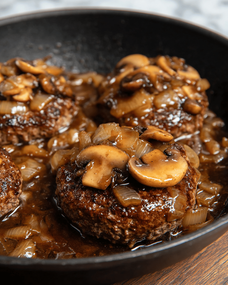 The image shows a close-up of three cooked hamburger patties in a black pan, each patty topped with a glossy mixture of sliced brown mushrooms and diced translucent onions in a dark brown sauce. The patties have a browned, slightly crispy texture, with the mushrooms and onions scattered evenly over their tops and some pieces floating in the sauce around them. The background is a white marbled texture that softly contrasts with the dark pan and savory dish. photo taken with an iphone --ar 4:5 --v 7