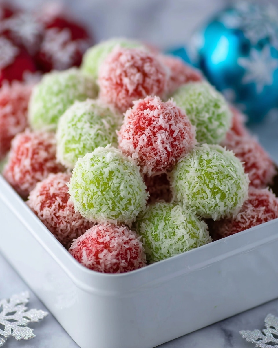 A small white round plate is filled with two layers of round coconut-covered balls. The bottom layer has five balls, mostly pink with white coconut flakes, and a few green ones also covered in white coconut flakes. The top layer has four balls, mainly pink with one green, all textured with shredded coconut. Behind the plate is a blue tin decorated with winter characters, softly blurred, holding more of the same pink and green coconut balls. The surface is a white marbled texture with some soft white fur and green pine twigs nearby. photo taken with an iphone --ar 4:5 --v 7
