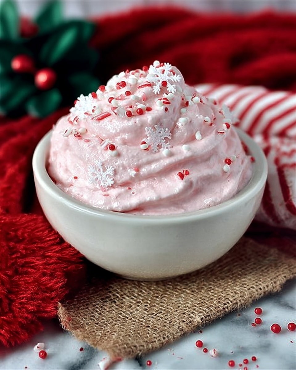 A round white bowl filled with a thick, fluffy layer of light pink whipped cream. The cream is swirled smoothly on top, decorated with small red round sprinkles and white snowflake-shaped sprinkles scattered across the surface. The bowl sits on a rough beige burlap cloth over a white marbled textured surface, with a red knitted cloth and festive decorations blurred softly in the background. Photo taken with an iphone --ar 4:5 --v 7
