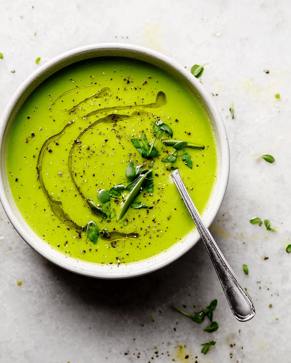 A white bowl filled with smooth, bright green soup that has a creamy texture, topped with small green herb pieces scattered on the surface and a swirl of olive oil. A silver spoon rests inside the bowl on the right side. The bowl is placed on a white marbled surface near a window with a soft, blurry green and beige background visible outside. Photo taken with an iphone --ar 4:5 --v 7
