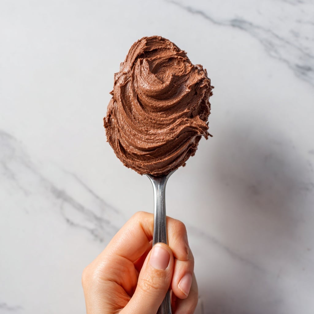 A woman's hand holds a metal spoon thickly coated with a large dollop of fluffy chocolate frosting that has a rich, creamy texture with visible swirl patterns. The frosting is dark brown and appears soft and light, almost like whipped cream, with some uneven edges showing the smooth spread. The background is a white marbled wooden surface, giving a clean and natural look. photo taken with an iphone --ar 4:5 --v 7