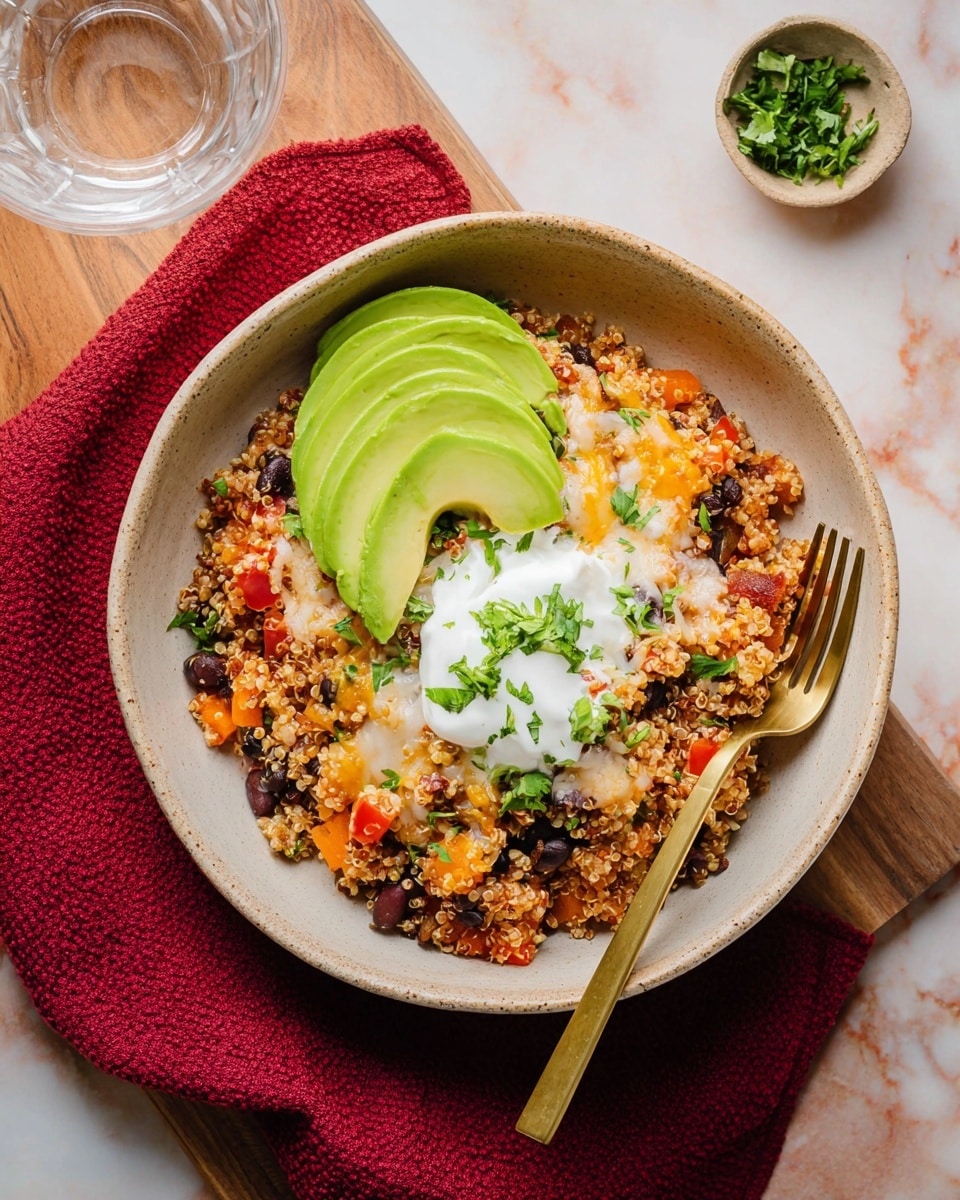 A bowl of mixed quinoa salad with visible black beans, red diced tomatoes, and orange bell peppers forms the base layer, topped with thin slices of green avocado arranged in a fan shape on one side. A dollop of white creamy sauce sits in the middle, sprinkled with small bright green herb leaves. The dish is served in a light beige ceramic bowl with a gold fork resting inside. The bowl is placed on a red cloth on top of a wooden board, all set against a white marbled surface. Nearby are a small plate of chopped green herbs, a wooden bowl with coarse salt and spoon, and a ridged amber-colored glass of drink. Photo taken with an iphone --ar 4:5 --v 7