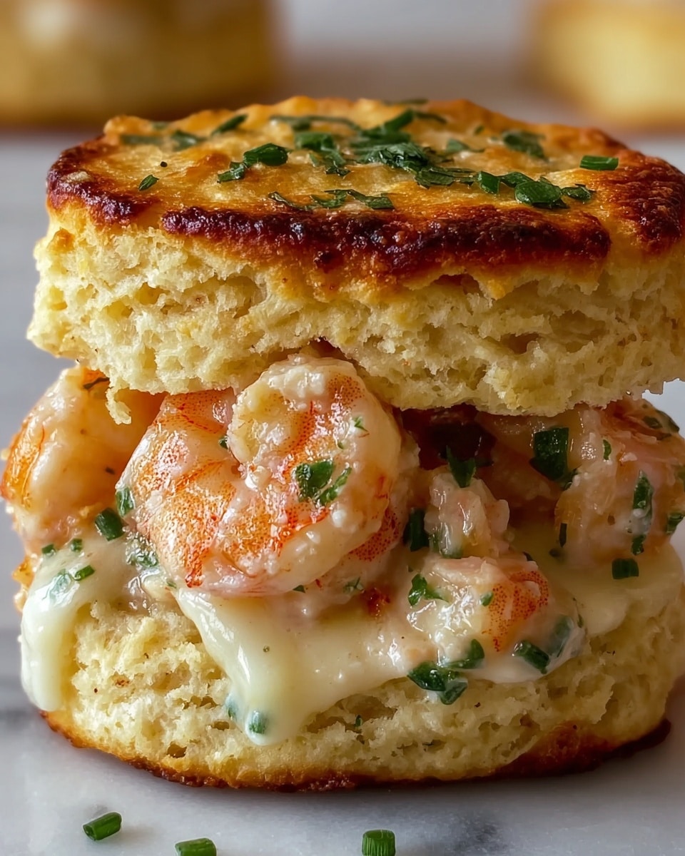 The image shows several small, round shrimp biscuits, each made of two thick, golden-brown biscuit layers with a slightly crispy top sprinkled with chopped green herbs. Between the layers, plump, cooked shrimp with an orange and white color sit in a creamy, buttery sauce that slightly oozes out around the edges. The biscuits have a soft, fluffy inside with some green herb flecks visible. The shrimp look tender and juicy, and the green herbs add a fresh touch on top of each biscuit. The background is a white marbled texture. photo taken with an iphone --ar 4:5 --v 7